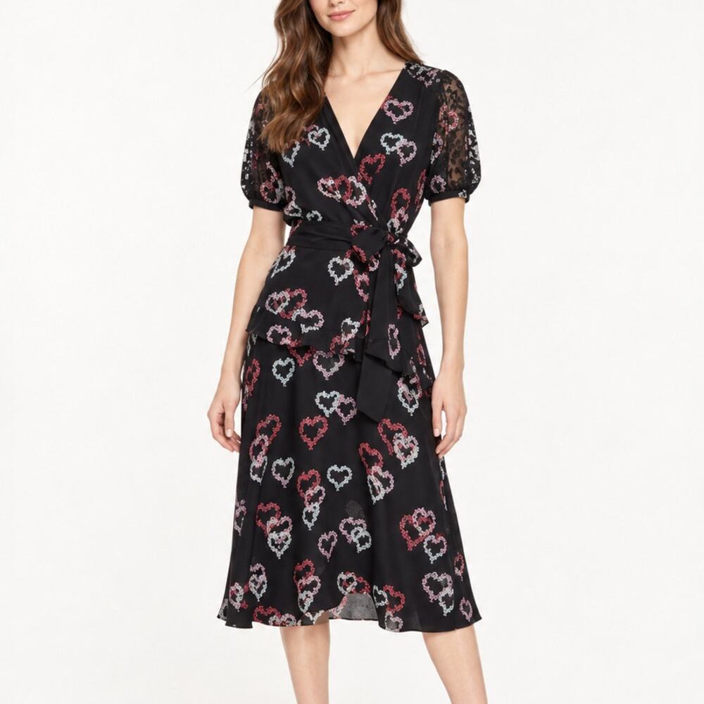 Sandro Paris Black Multicolor Heart Silk Midi Dress Size FR 38